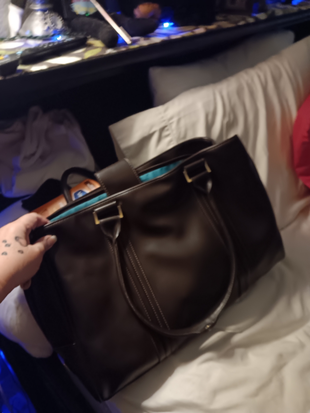 I Found The ONE! Women's Black Leather-Look Shoulder Bag with Teal Interior